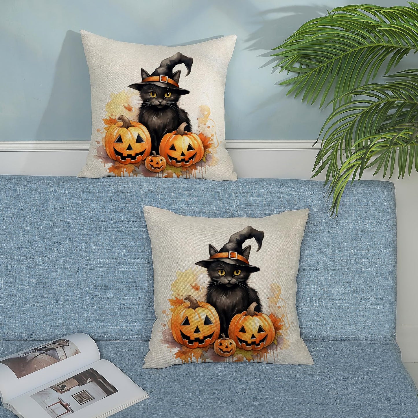 Halloween Pillow Covers 24x24 Set of 2 Black Cat Pumpkin Pillowcase Halloween Decorations Outdoor Throw Pillow Covers Linen Farmhouse Fall Thanksgiving Decor Cushion Case for Couch Home Sofa