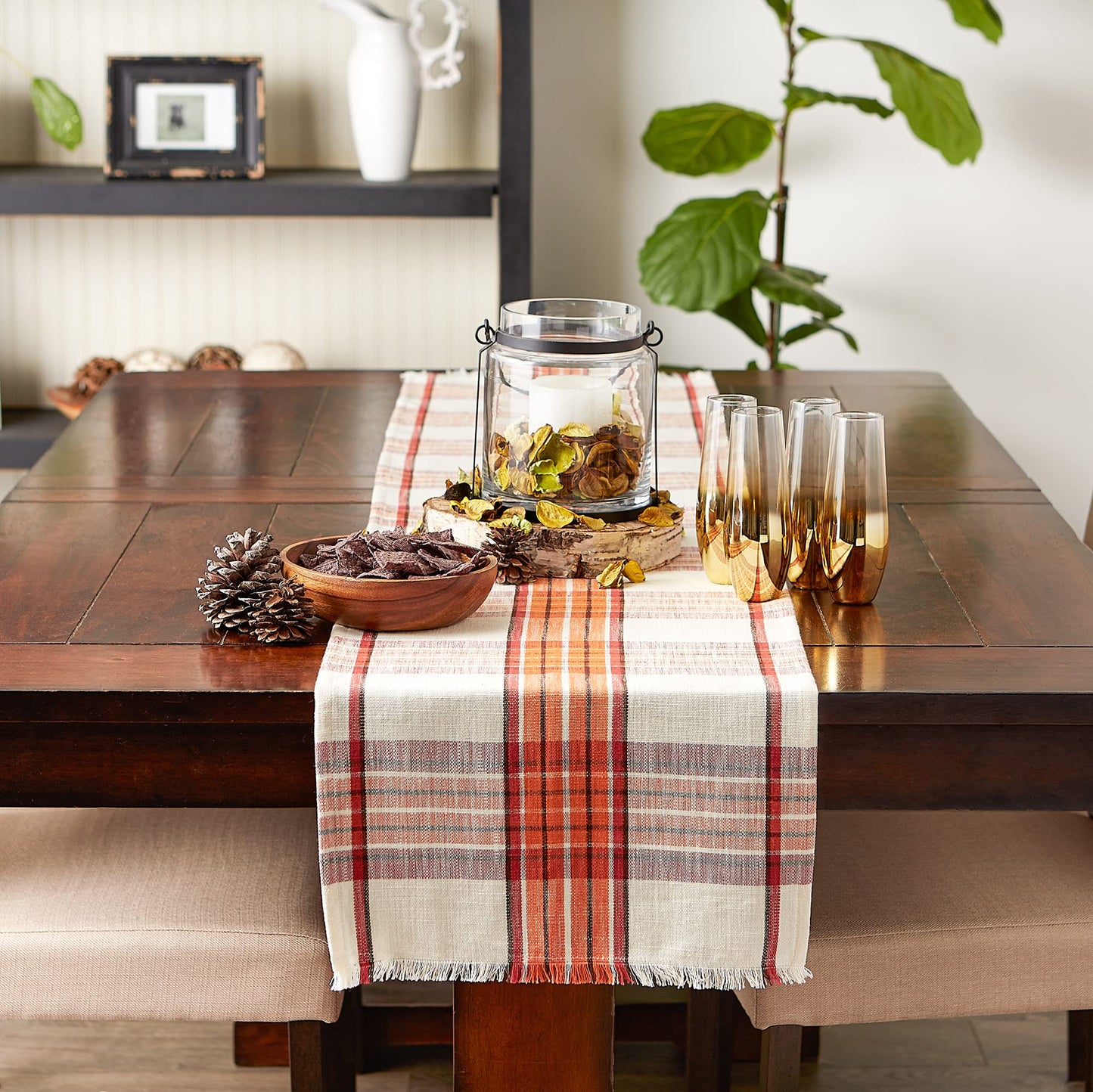 Thanksgiving & Fall Table Decoration Autumn Farmhouse Plaid, Table Runner, 14x108, Pumpkin Spice Orange