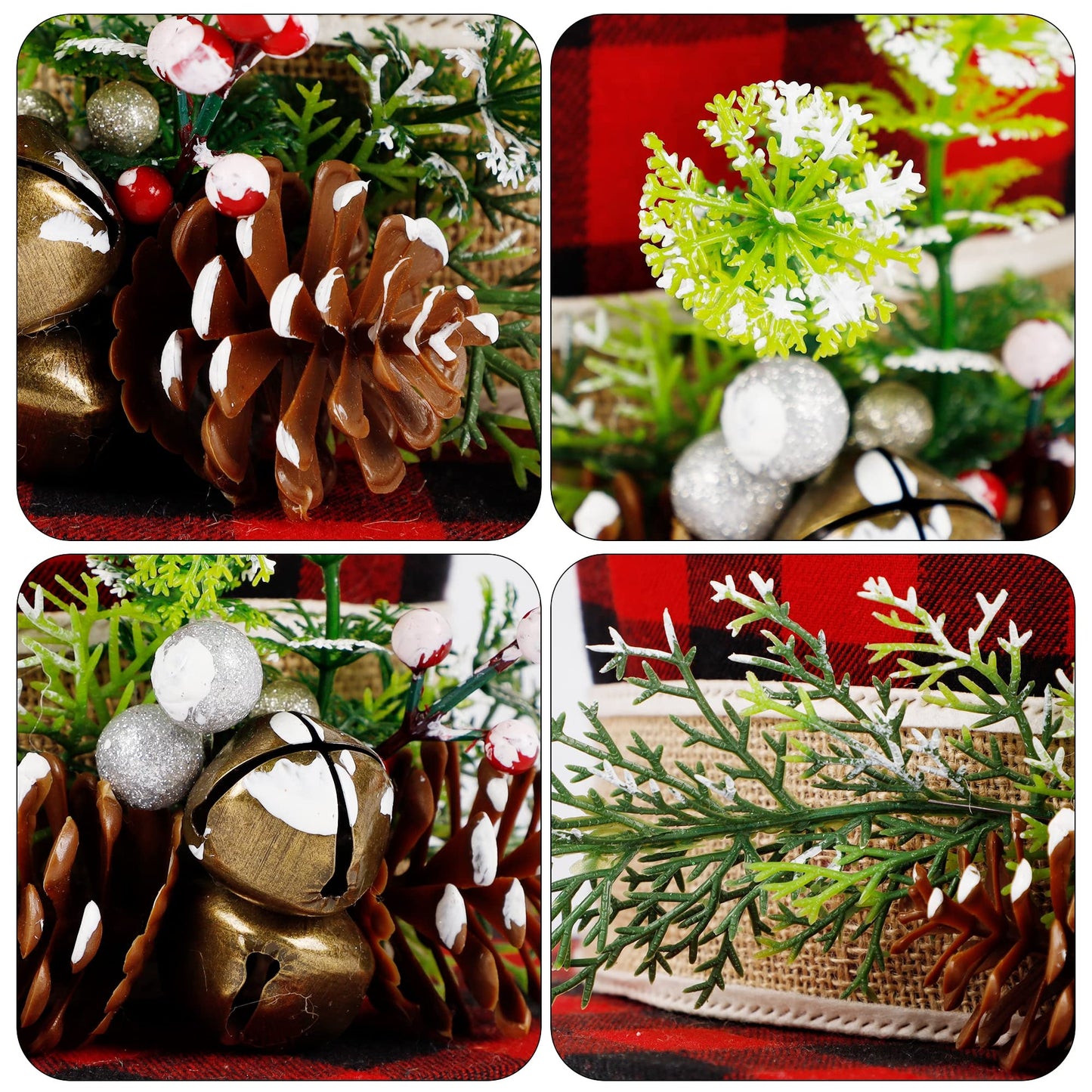 Prsildan Christmas Plaid Top Hat Tree Topper with Pine Cones, Berries, and Bells - Holiday Decor