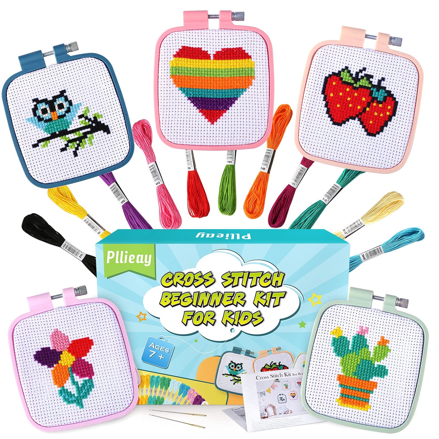 5PCS Cross Stitch Kits for Beginners for Kids 7-13, Includes 5 Project Patterned and 5pcs Square Embroidery Hoops, 11 Skeins, Needle Point Starter Kit Sewing Set with Instructions