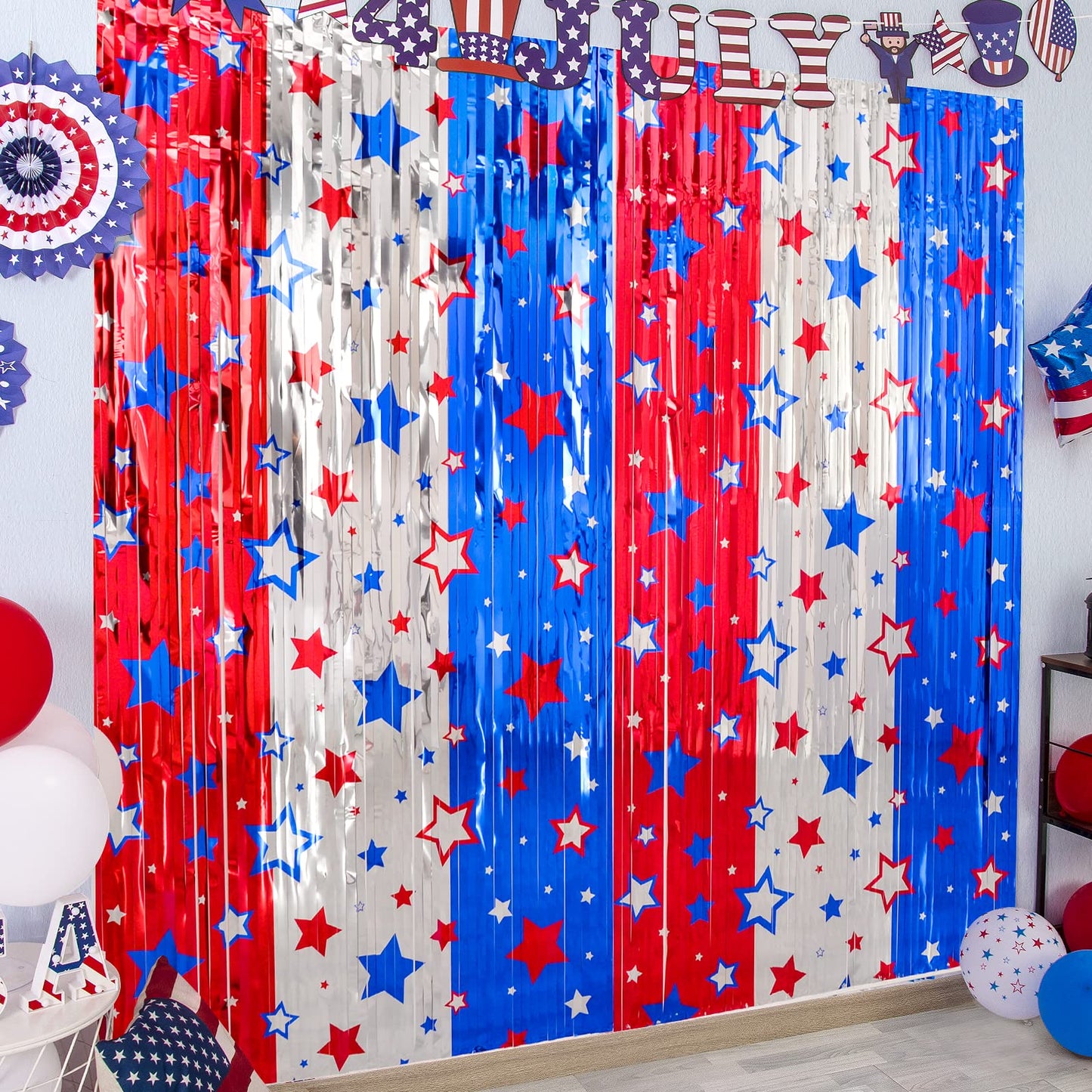 LOLStar 4th of July Decorations, Red White Blue 3 Pack America Star Tinsel Foil Fringe Curtains, Photo Booth Prop Streamer Backdrop for Independence Day, Memorial Day, Labor Day, Patriotic Party