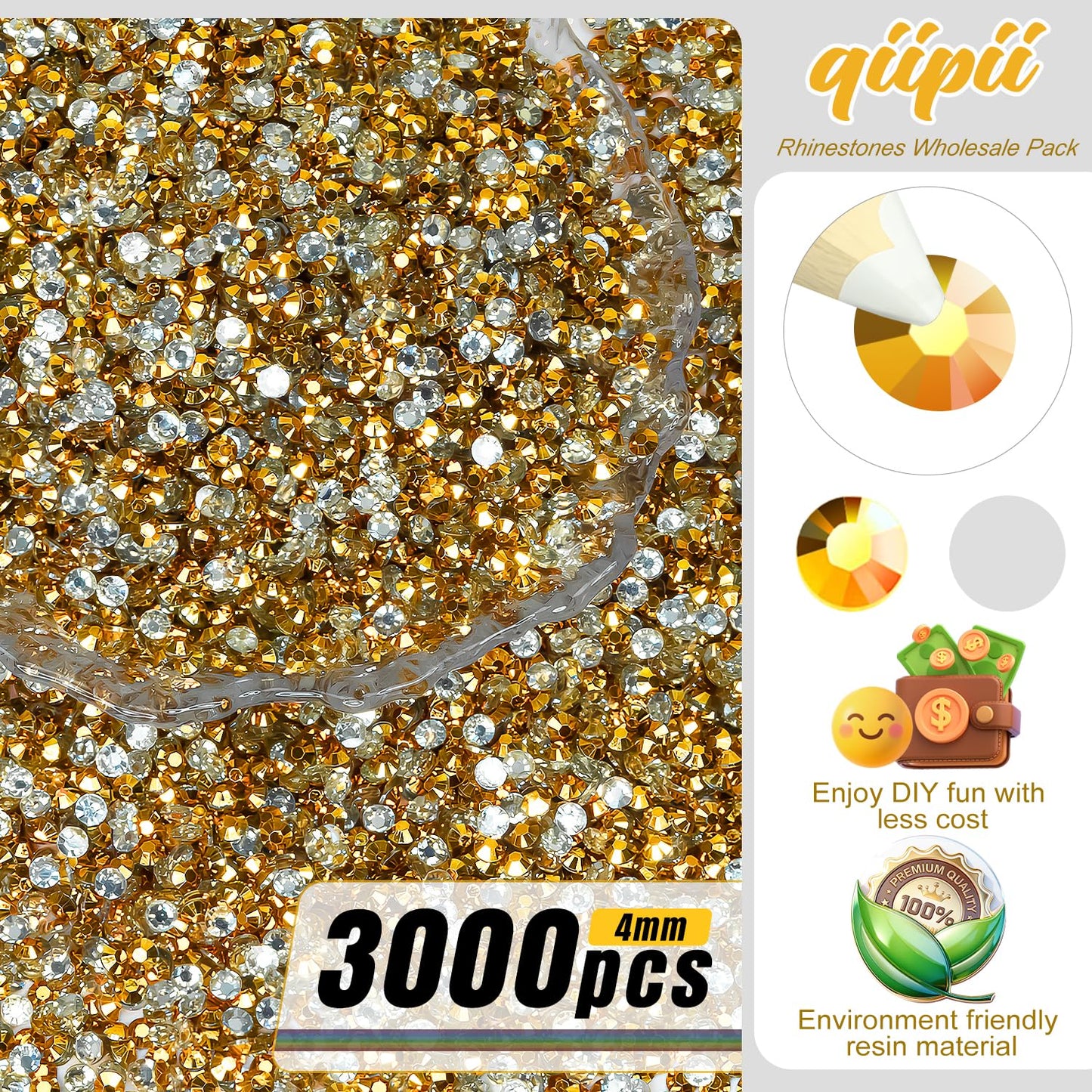 qiipii 3000PCS 4mm Golden Yellow Resin Rhinestones for Crafting Gold Yellow Flatback Jelly Stones Bulk SS16 Diamonds Gems Charms Supplies for Nails Face Eyes Makeup Tumblers DIY Crafts Clothes Shoes