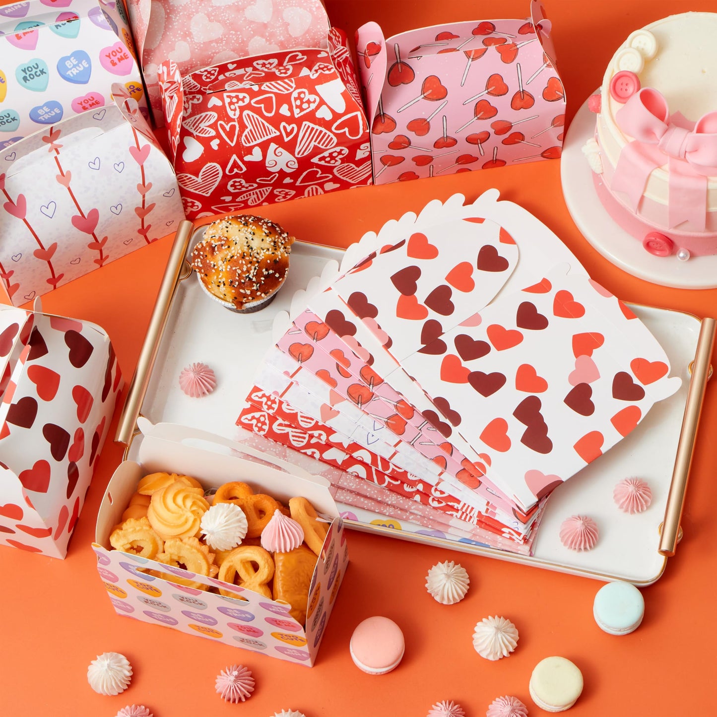 24 Pcs Valentine’s Day Gift Treat Boxes, Cookie Boxes with Colorful Heart shaped Design for Kids Party Favor, Classroom Exchange Prizes, Valentines Candy Boxes
