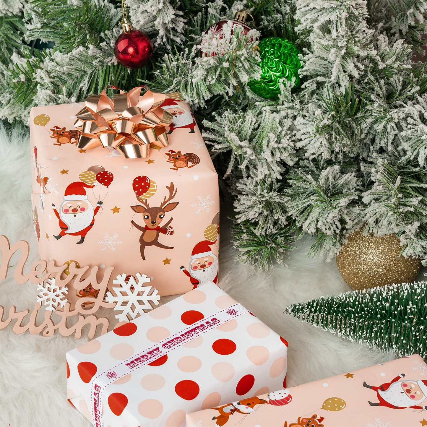 Reversible Christmas Wrapping Paper - Mini Roll - 17 Inch x 33 Feet - Red and Pink Dancing Santa Claus Reindeer and Colorful Polka Dots Design for Christmas, Holiday, Party