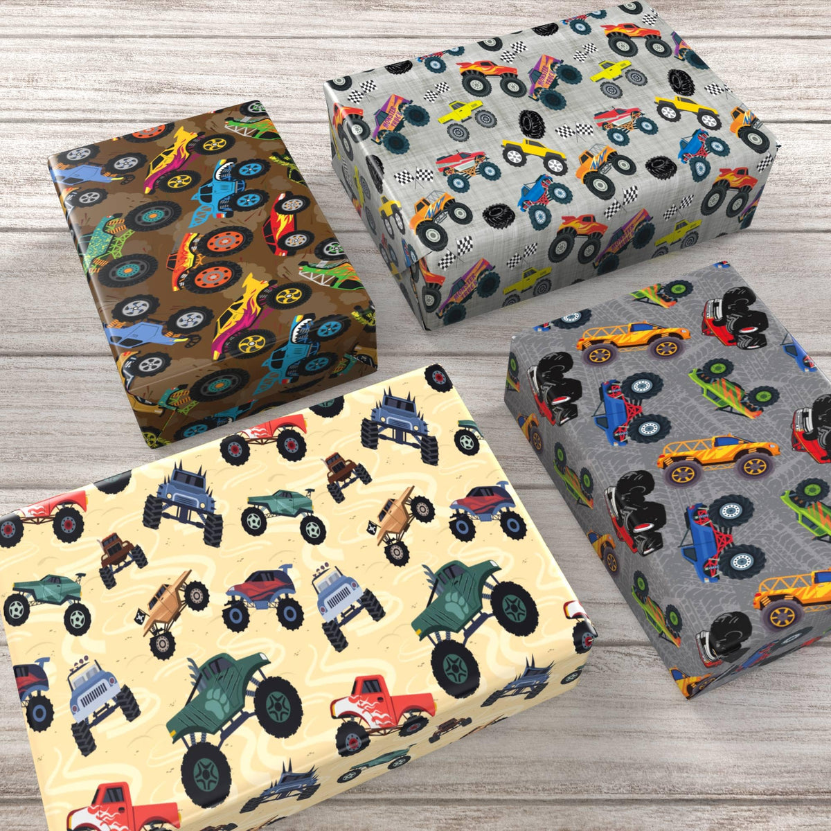 Monster Trucks Wrapping Paper for Kids Birthday Baby Shower - Gift Wrap with Monster Trucks, Checkered Flag Designs - 20 x 29 Inches, 8 Folded Sheets