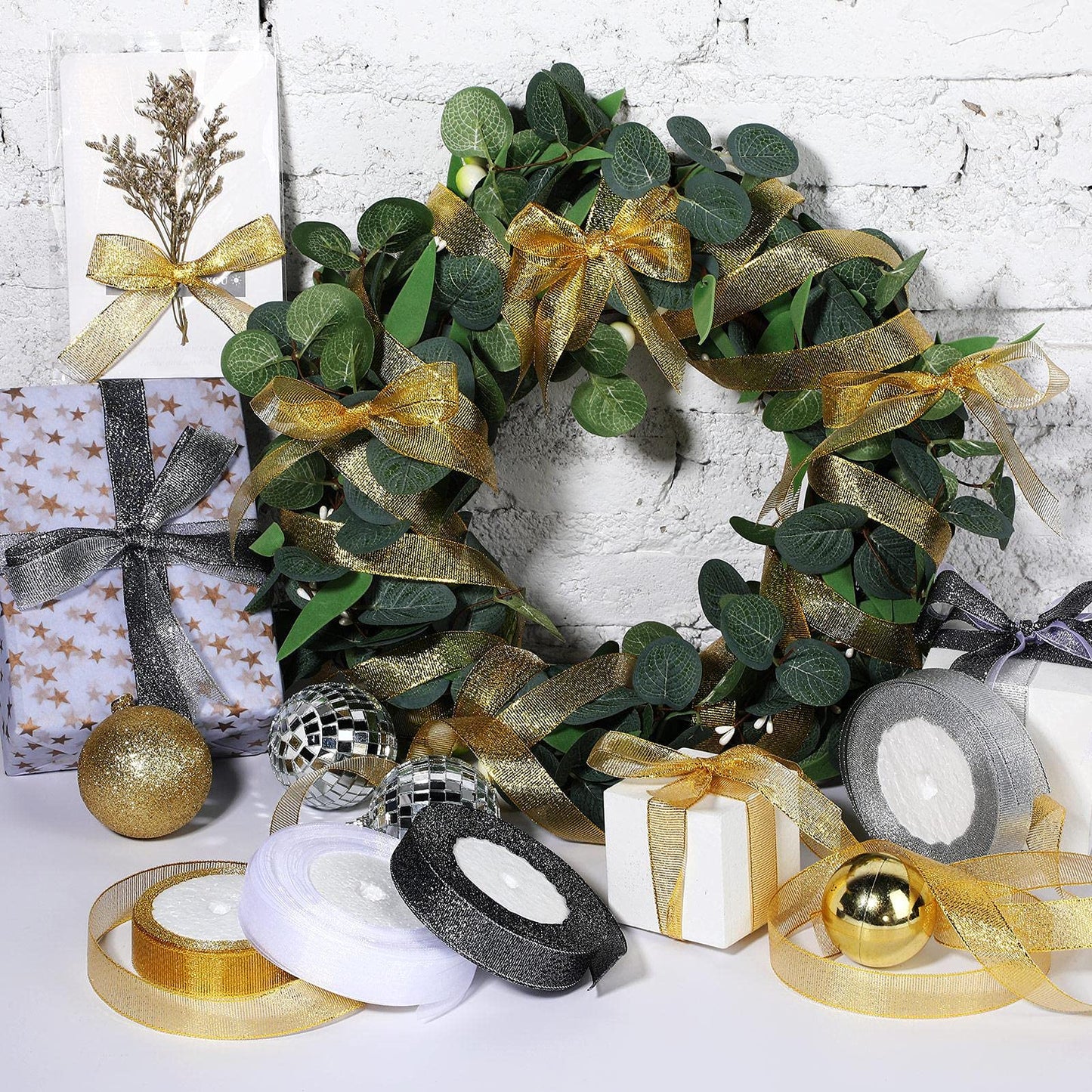 3 Rolls 25 Yards 4/5 Inch Glitter Metallic Ribbons and 1 Roll 50 Yards 4/5 Inch Organza Ribbon Golden Silver Glitter Ribbon for Gift Wrapping Wedding Birthday Party Christmas Decoration