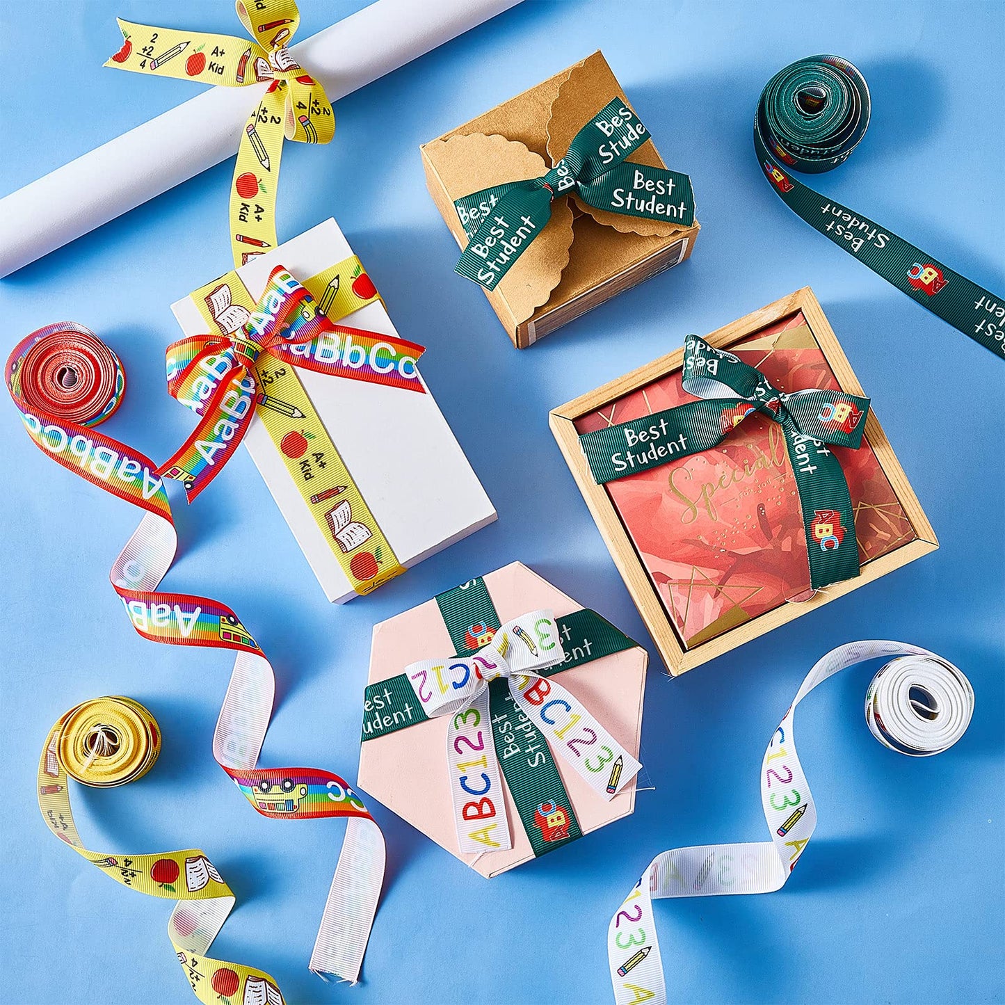 4 Rolls/ 20 Yards Back to School Ribbons School Rock Grosgrain Ribbons School Themed Ribbon School Pattern Wrapping Ribbon for Teacher Appreciation Gift Wreath All Crafting and Sewing, 4 Styles