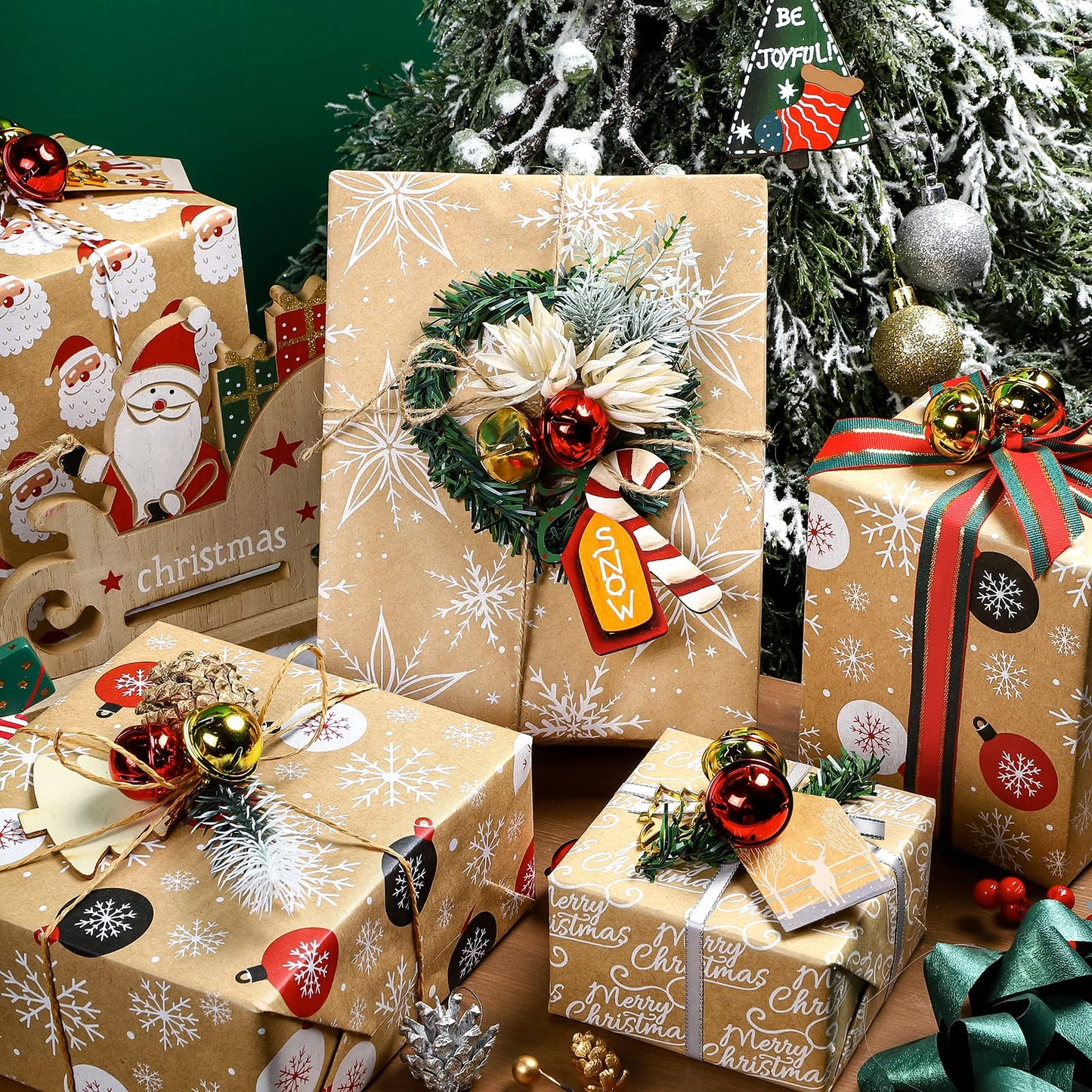 Christmas Wrapping Paper, Kraft Paper - Santa Claus, Snowflake, Christmas Ball and Merry Christmas - 4 Rolls - 30 inches x 10 feet per Roll