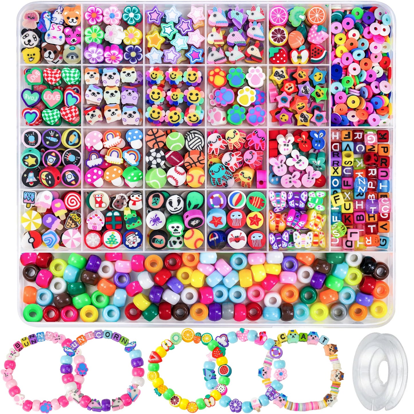 1200 Pcs Polymer Clay Beads Bracelet Making Kit, 25 Style Animal Fruit Flower Butterfly Bunny Pony Letter Beads Charms for Jewelry Making, DIY Art and Crafts Toys Gifts for 4+ Year Old Kids
