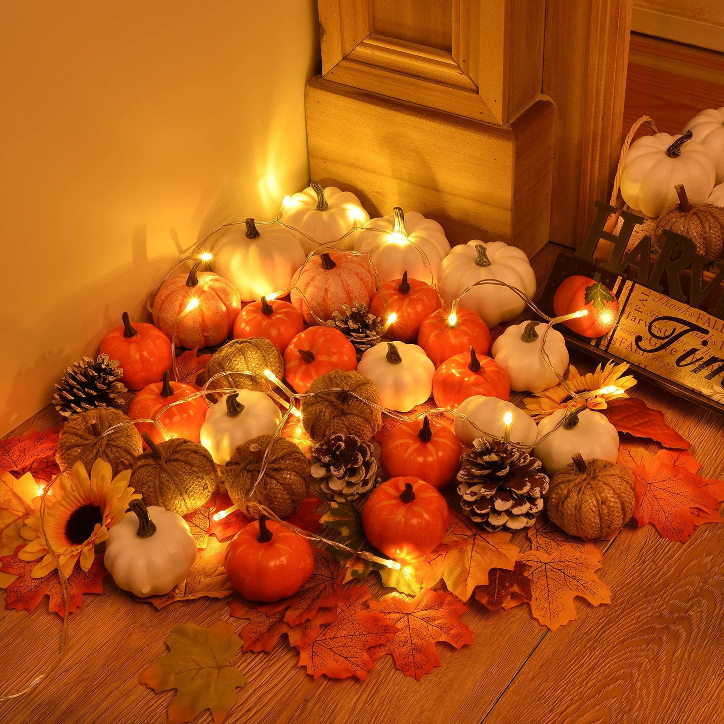 80Pcs Artificial Pumpkins Maple Harvest Fall Decoration, 30Pcs Fall Pumpkins and 50Pcs Maple Leaves for Autumn Thanksgiving Harvest Home Decor