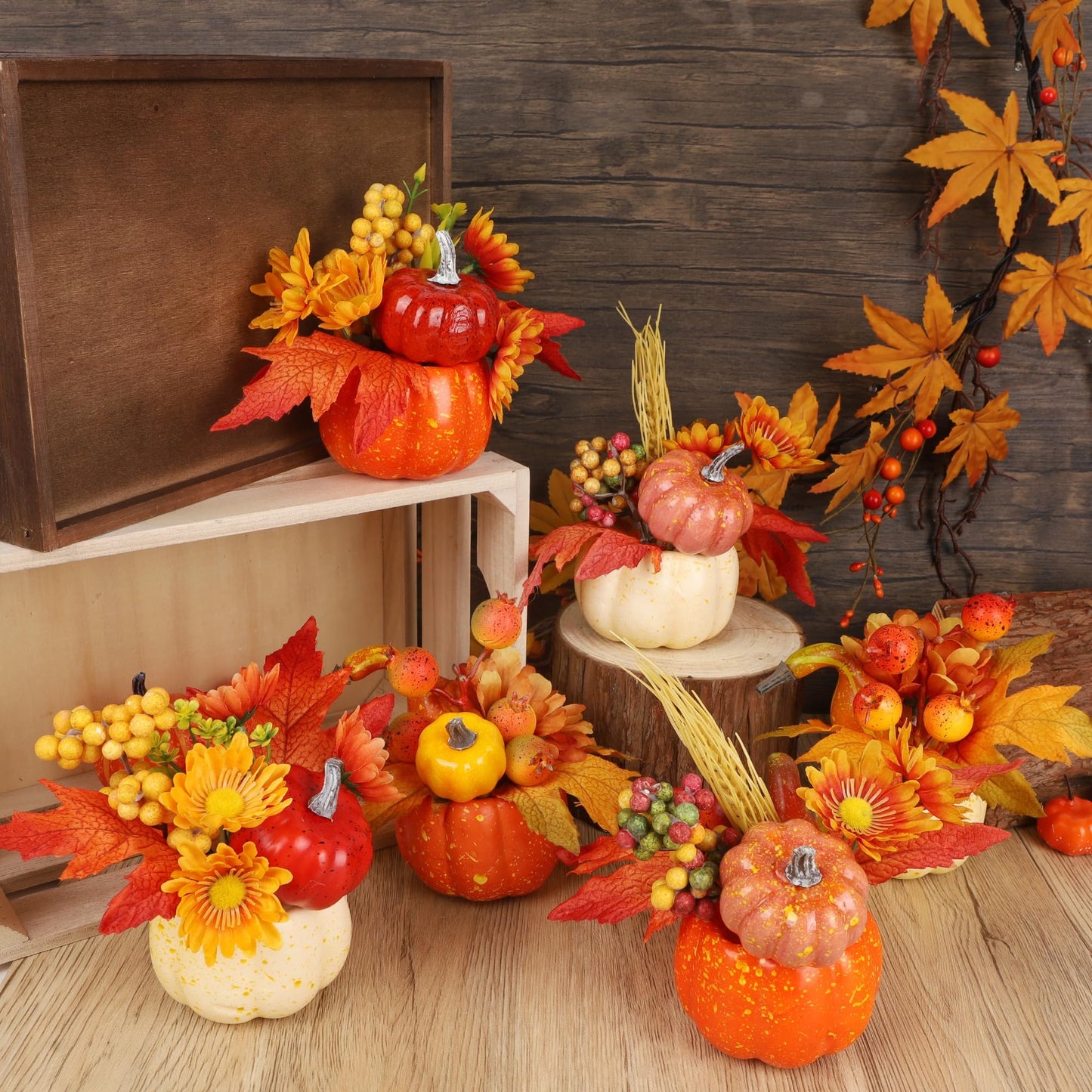 Fall Decorations for Home - Set of 6 Artificial Pumpkins with Maple & Flowers, Thanksgiving Table Decor, Pumpkin Vases Centerpiece for Kitchen Office Indoor