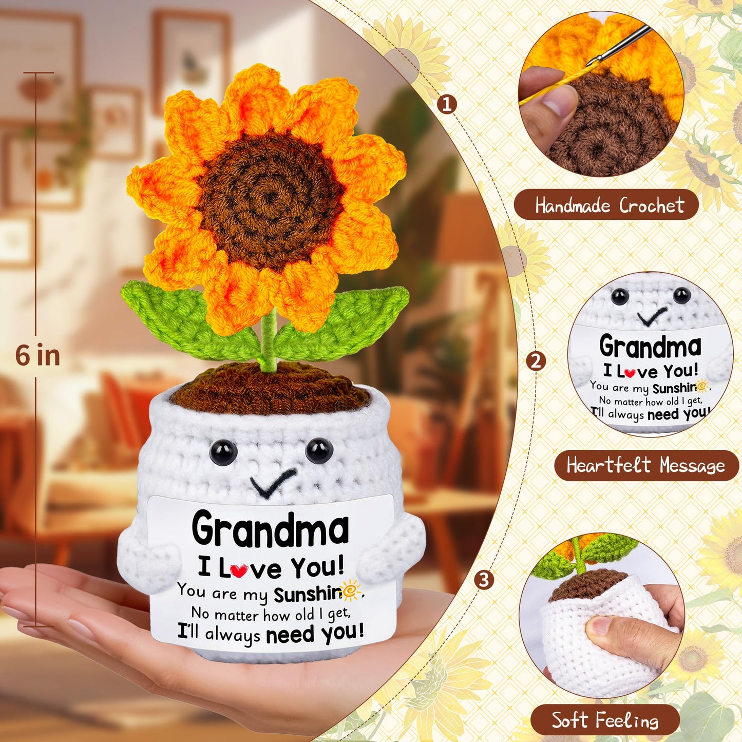 Qunland Easter Gifts for Grandma, Mothers Day Grandma Gifts from Grandkids, Handmade Crochet Mini Sunflower Pot Doll Birthday Gift for Nana Grandmother GaGa, Mother's Day I Love You for Gigi