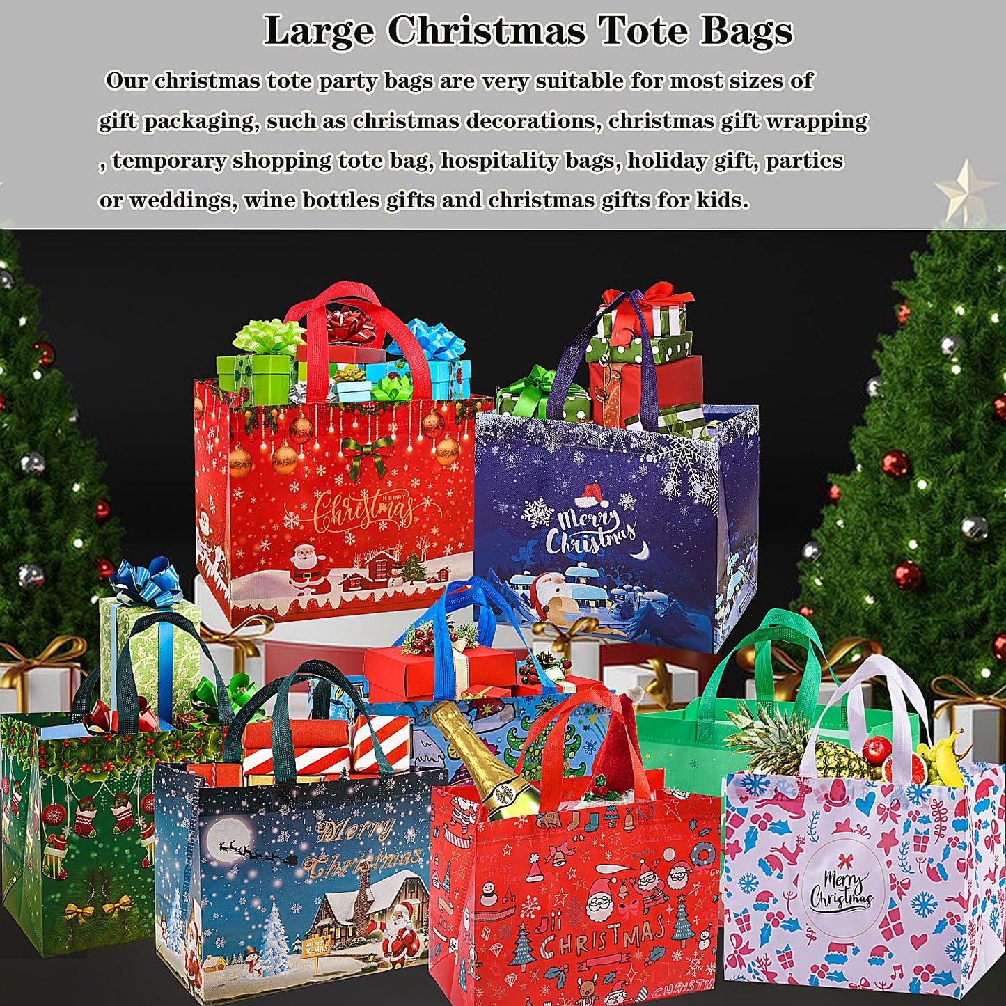 9Pcs Christmas Gift Bags, Christmas Tote Bags with Handles, Reusable Non-Woven Shopping Bags for Xmas Gifts Wrapping Holiday Party Supplies, 12.8"×9.8"×6.7"