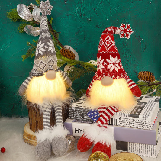 2 Pack Lighted Christmas Gnomes with Dangling Legs, 19.5Inch Handmade Scandinavian Swedish Tomte, Battery Operated Winter Tabletop Christmas Decorations Collectible Figurines