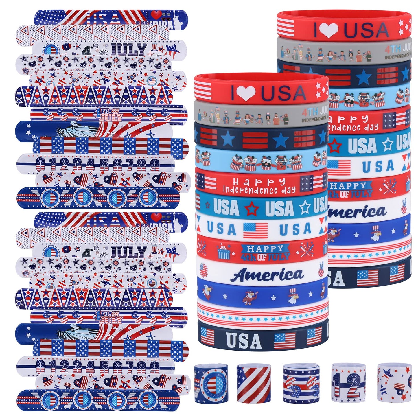 xutengy 48Pcs 4th of July Party Favors Patriotic Decorations American Flag Slap Bracelets Rubber Wristbands Red White and Blue Accessories for Independence Day