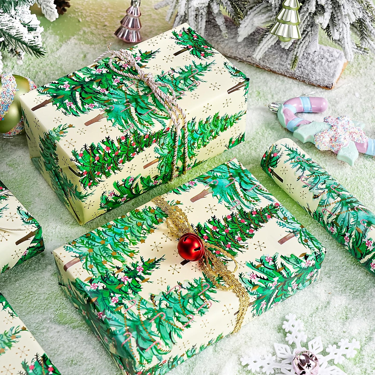 Christmas Wrapping Paper - Mini Roll - 17 Inch x 33 Feet - Gold Print Christmas Tree Wrapping Paper for Xmas Holiday, Party Celebration