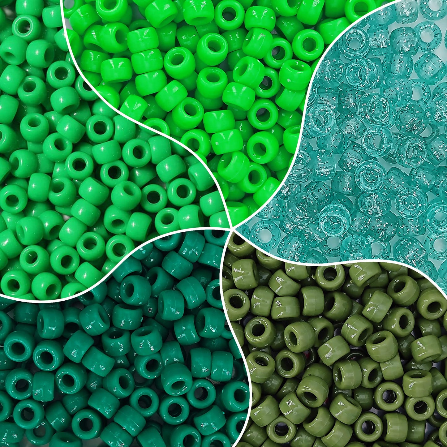 MIIIM 1000PCS 6x9mm Pony Beads Bulk, 5 Styles Green Pony Beads for Bracelets Making Kit, Kandi, Hair Braids Crafts for Jewelry Making (Green)