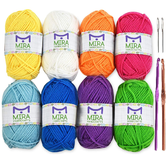 Mira Handcrafts 8 Acrylic Yarn Bonbons | Total of 525 yards Craft Yarn | Includes 2 Crochet Hooks, 2 Weaving Needles, 7 E-books | DK Yarn for Knitting and Crochet | Perfect Beginner Kit