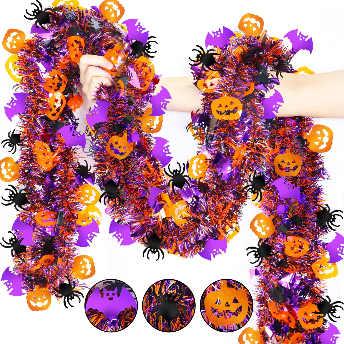 Halloween Decorations,50 FT Halloween Tinsel Garland with Orange Pumpkin Black Spider Purple Bat, Shiny Metallic Twist Garland for Home Tree Indoor Outdoor Party Decorations