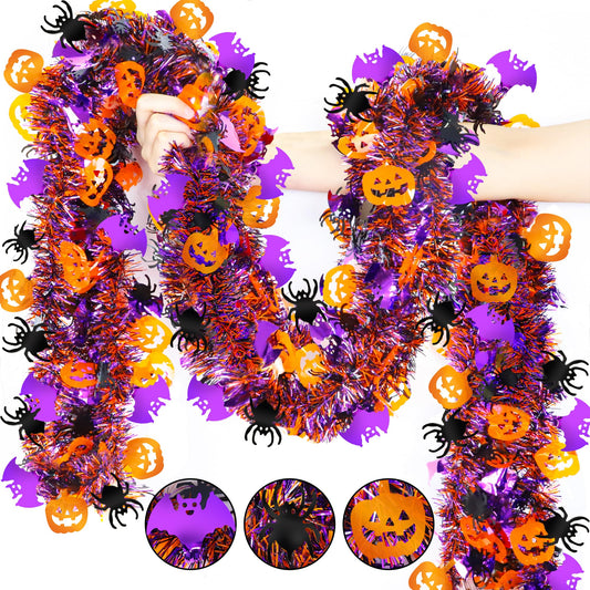 Halloween Decorations,50 FT Halloween Tinsel Garland with Orange Pumpkin Black Spider Purple Bat, Shiny Metallic Twist Garland for Home Tree Indoor Outdoor Party Decorations