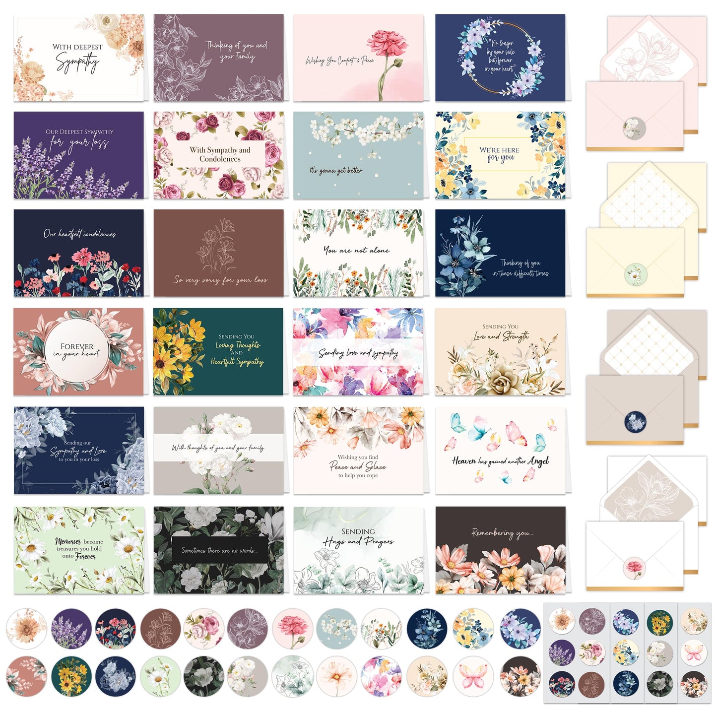 24 Pack 6x4in Assorted Sympathy Cards with Envelopes and Stickers, 24 Unique Designs Sympathy Cards Assortment Box with Envelopes with Printed Message Inside - Bereavement, Condolences