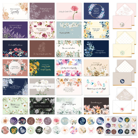 24 Pack 6x4in Assorted Sympathy Cards with Envelopes and Stickers, 24 Unique Designs Sympathy Cards Assortment Box with Envelopes with Printed Message Inside - Bereavement, Condolences