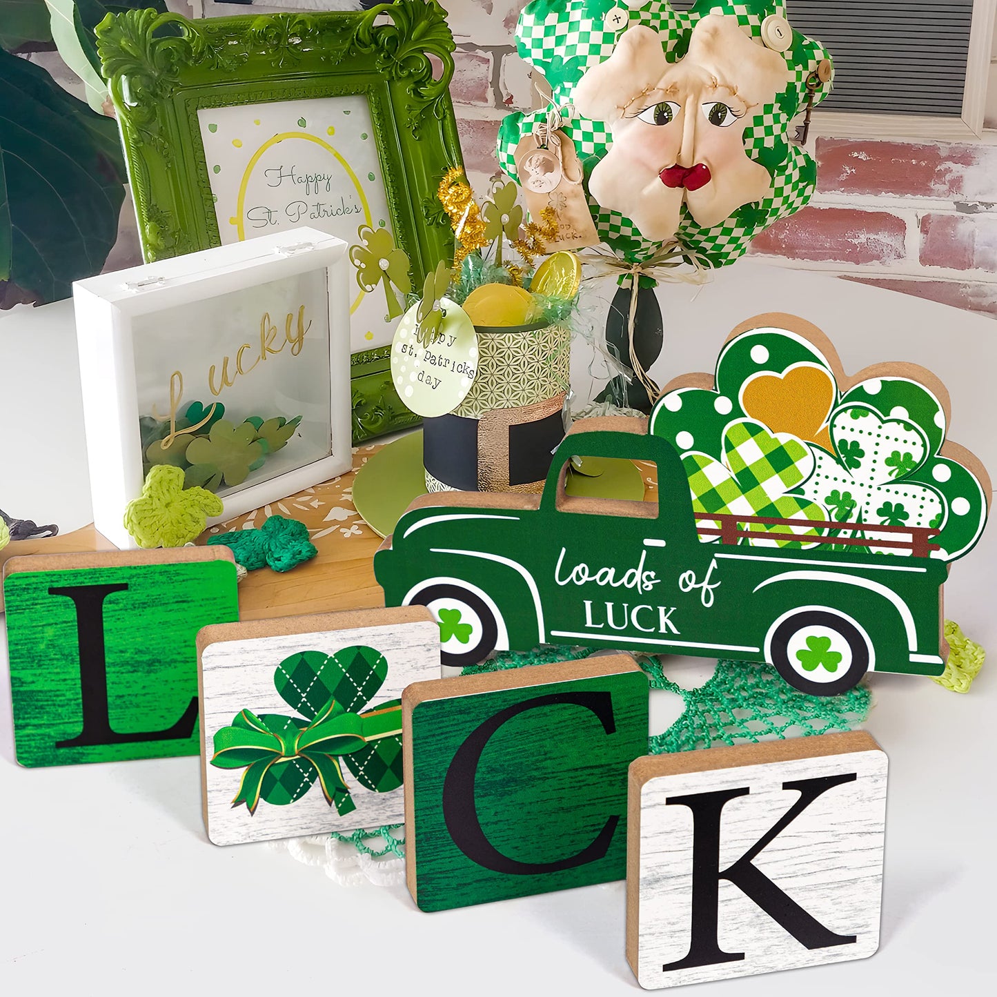5PCS Valentines Decor/St.Patricks Decorations Reversible Table Centerpieces Tiered Tray Ornament for Home Party Decor