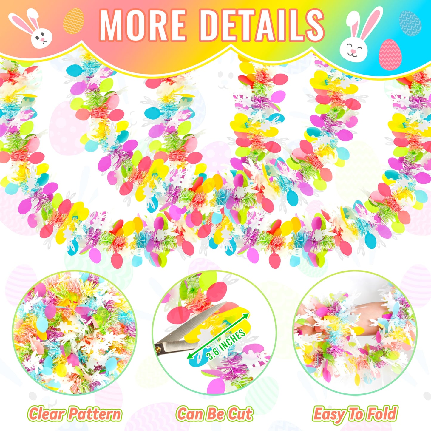 50FT Easter Tinsel Garland Hanging Streamers Decorations for Tree Stairs Mantle Hanging Oranment Outdoor Indoor Party Supplies (Rabbit)