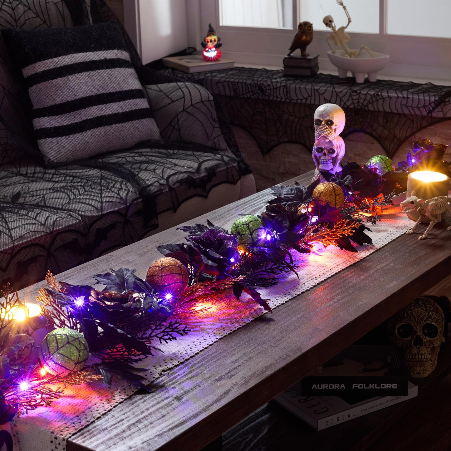 Valery Madelyn Halloween Garland with Lights, 6 Feet Pre-Lit Orange Purple Roses Black Maple Leaves Green Ball Ornaments Garland Decorations for Indoor Table Centerpiece Mantle Party Holiday Decor