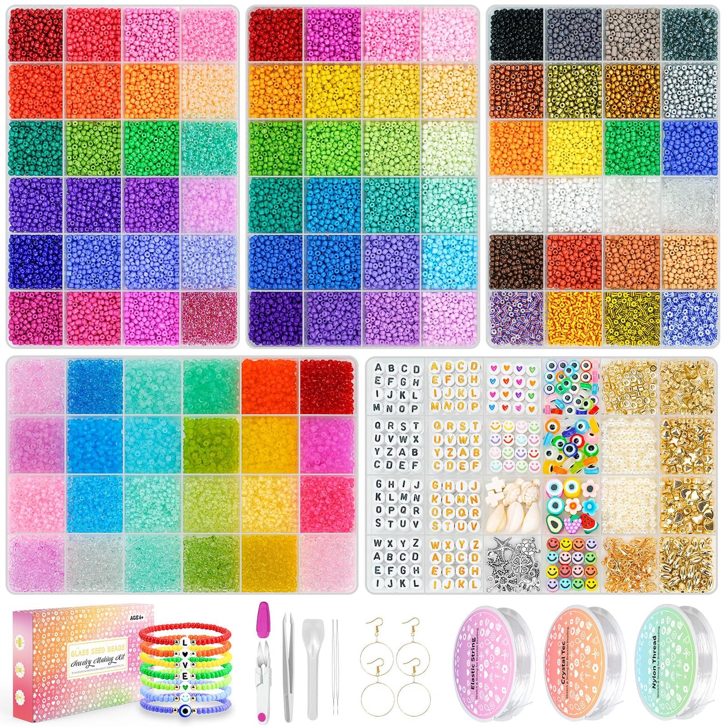 Friendship Bracelet Kit 3mm Seed Beads, 30000 Pcs 8/0 Glass Seed Beads 96 Colors Small Beads Bulk with Letter Bead Charms for Jewelry Making Girls Rings Necklaces Waist Chain DIY Craft Gift