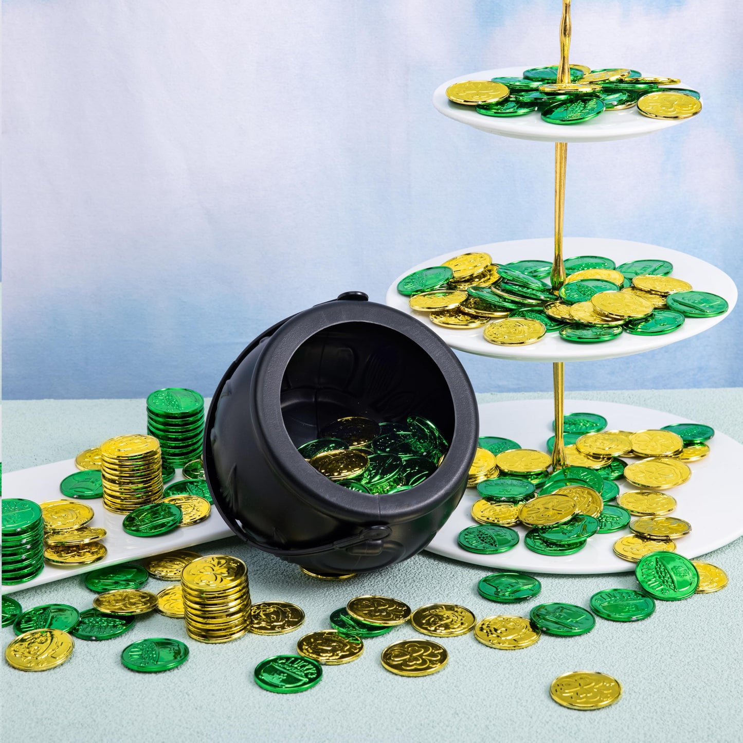 208 St Patrick’s Day Lucky Leprechaun Plastic Coins and 1 Large Black Cauldron with Handle Pot of Gold Party Supplies, St Patrick Decorations Party Favors
