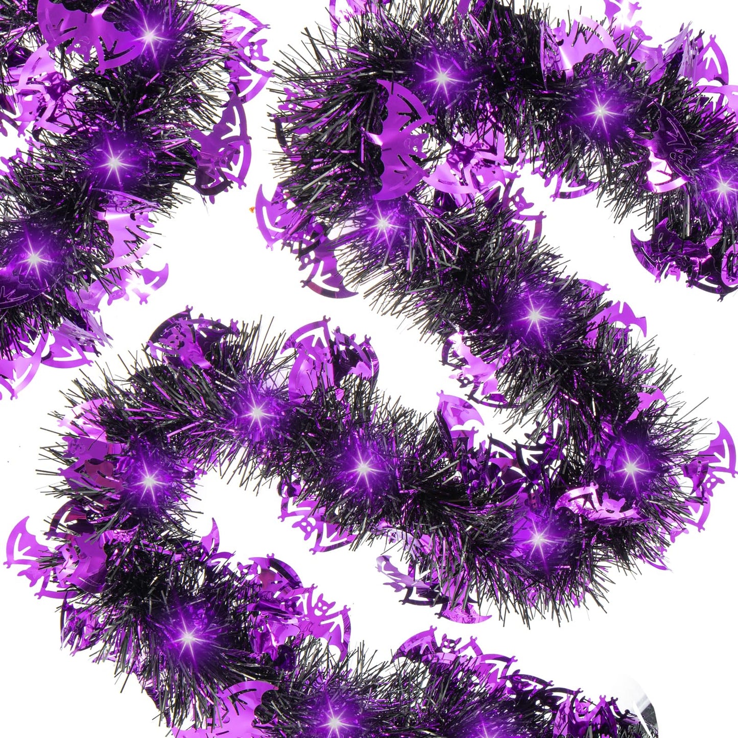 20FT/6M Halloween Tinsel Garland with LED Lights Metallic Twist Tinsel Garland Battery Operted Lighted Foil Hanging Decoration for Halloween Party Decoration Supply