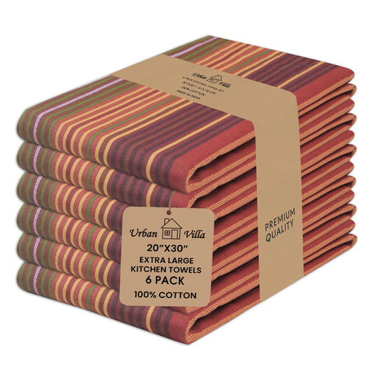 Fall Print Stripes Kitchen Towels Premium Quality 100% Cotton Harvest Dish Towels Mitered Corners Ultra Soft (Size: 20X30 Inch) Thanks Giving Highly Absorbent Tea Towels - (Set of 6)