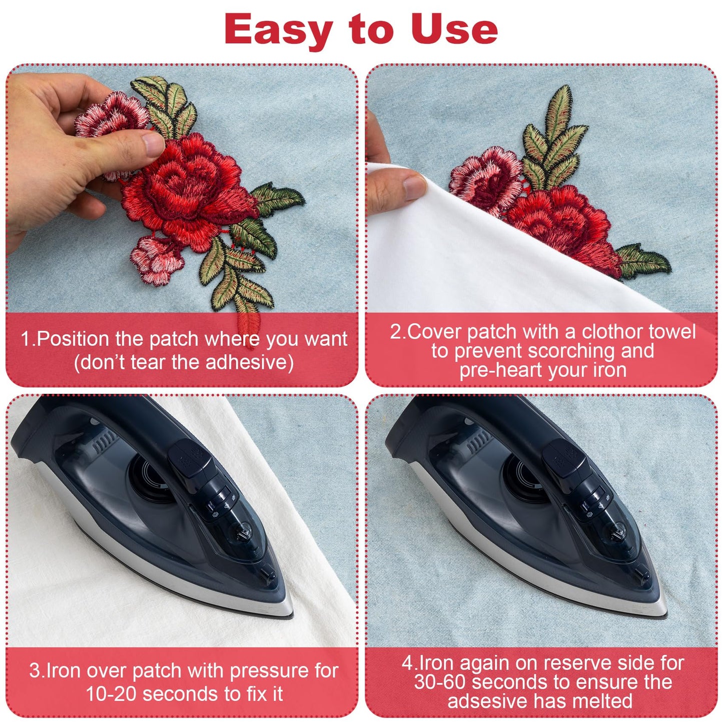 HINZIC 4pcs Peony Flower Embroidered Applique Sew Iron on Patches Bouquet Boho for Wedding Dress Clothes Jeans Hat Jackets Backpacks Bags Sweater Repairing Arts Craft Sew Making(Red)