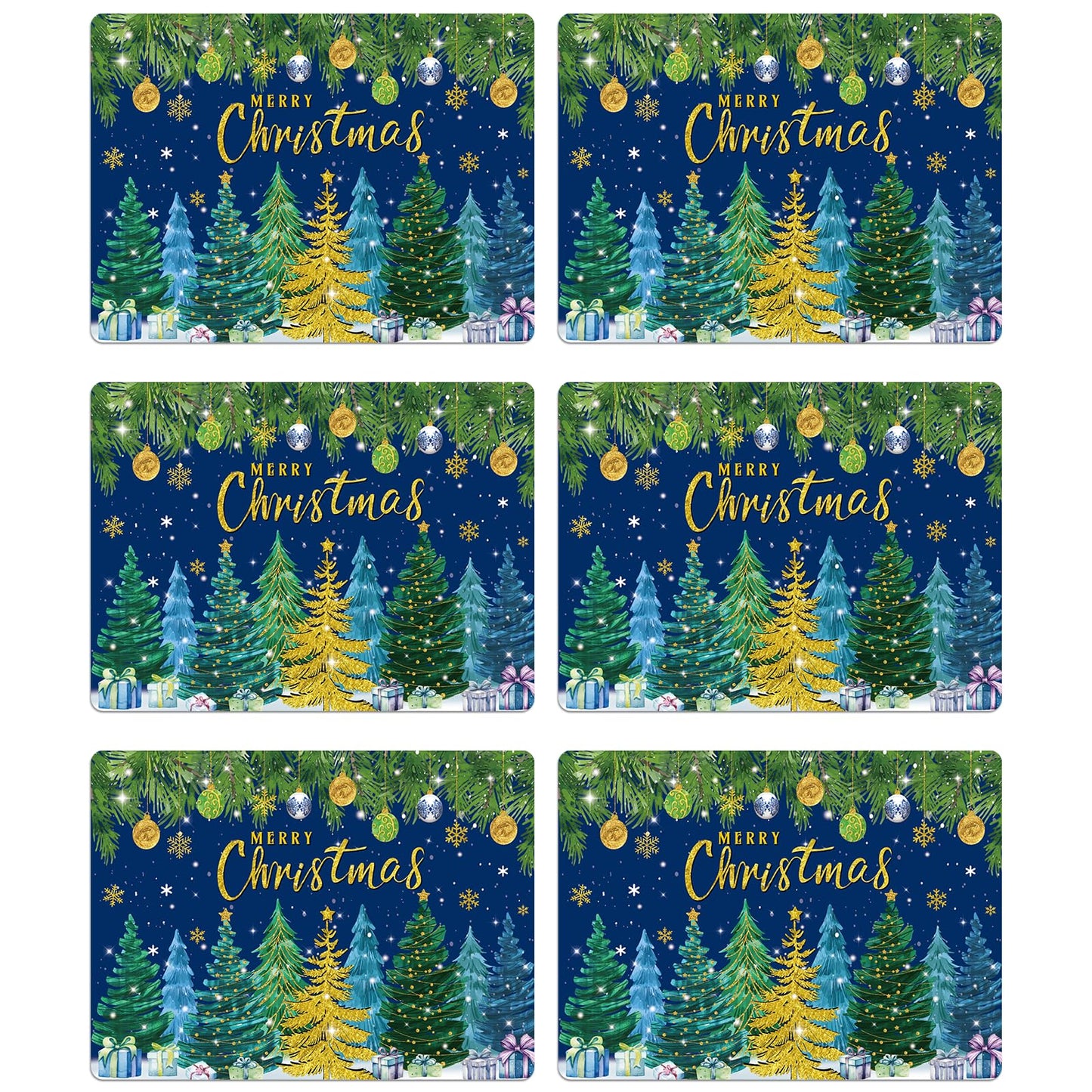Christmas Pine Trees Placemats Set of 6 Plastic Table Mats Xmas Ball Ornaments Snowflakes Place Mats Holiday Pine Trees Winter Table Decoration for Indoor Outdoor Party Kitchen Dining