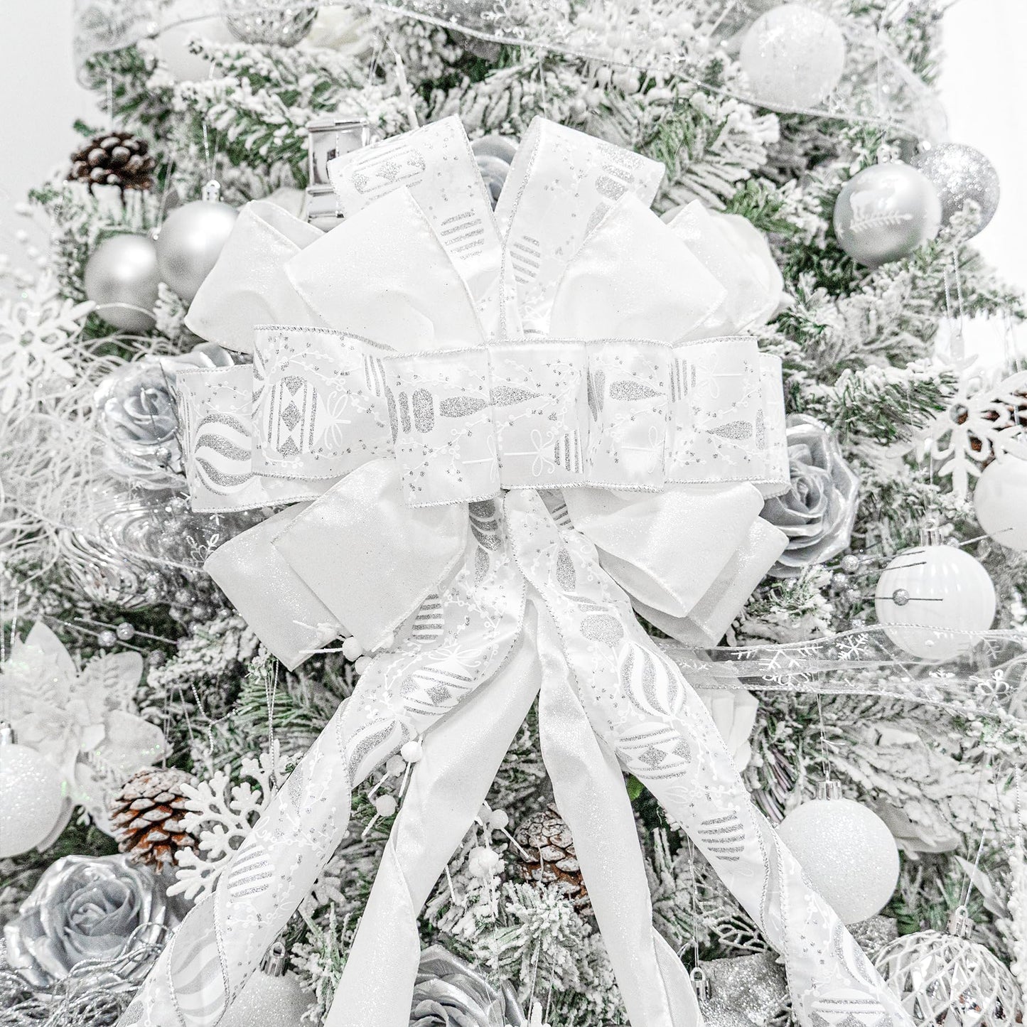 Hismir Christmas Tree Topper Bow，53x13 Inches Large Christmas Bow with Glitter Streamer and Patterned Ribbon，Decorative Bows for Xmas Tree Wreath Door Festival Home Decor(White)