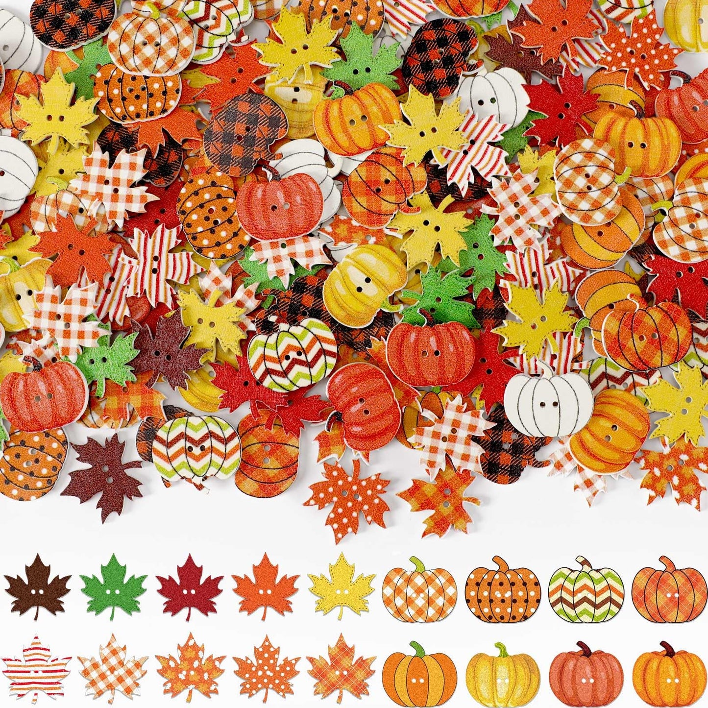 JUNEBRUSHS Fall Wooden Buttons, 260pcs Autumn Leaves Pumpkin Shaped Thanksgiving Wooden Sewing Buttons for Fall Thanksgiving Party DIY Crafts Decoration Sewing Clothes Accessories