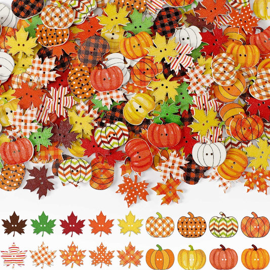 JUNEBRUSHS Fall Wooden Buttons, 260pcs Autumn Leaves Pumpkin Shaped Thanksgiving Wooden Sewing Buttons for Fall Thanksgiving Party DIY Crafts Decoration Sewing Clothes Accessories
