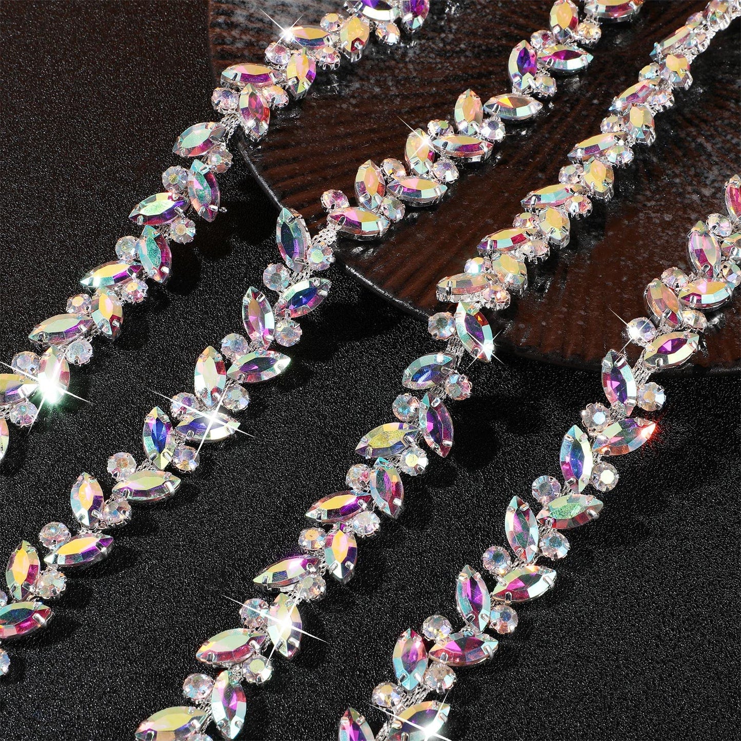 BBTO Rhinestone Chain Trim Applique Embellishment Crystal Wedding Bridal Costume Flower Leaf Chain Sewing Bling Trim for Jewelry DIY Necklace Bags Parties(3 Yards,AB)
