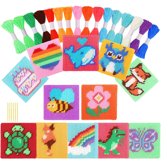 Pllieay Cross Stitch Kits for Beginners 12in1 Cross Stitch Kits for Kids Embroidery Kit Includes 12pcs Blank Plastic Mesh Canvas, 16 Yarns, 6 Embroidery Needles, Needlepoints Starter Sewing Set