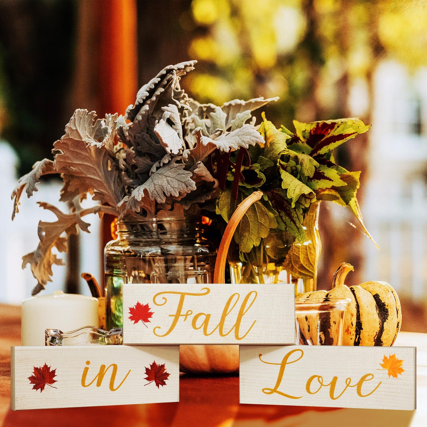 Fall in Love Wooden Blocks - Fall Decor, Wedding and Bridal Showers, Thanksgiving and Harvest Displays, Fall Tiered Tray Decoration - Made in USA