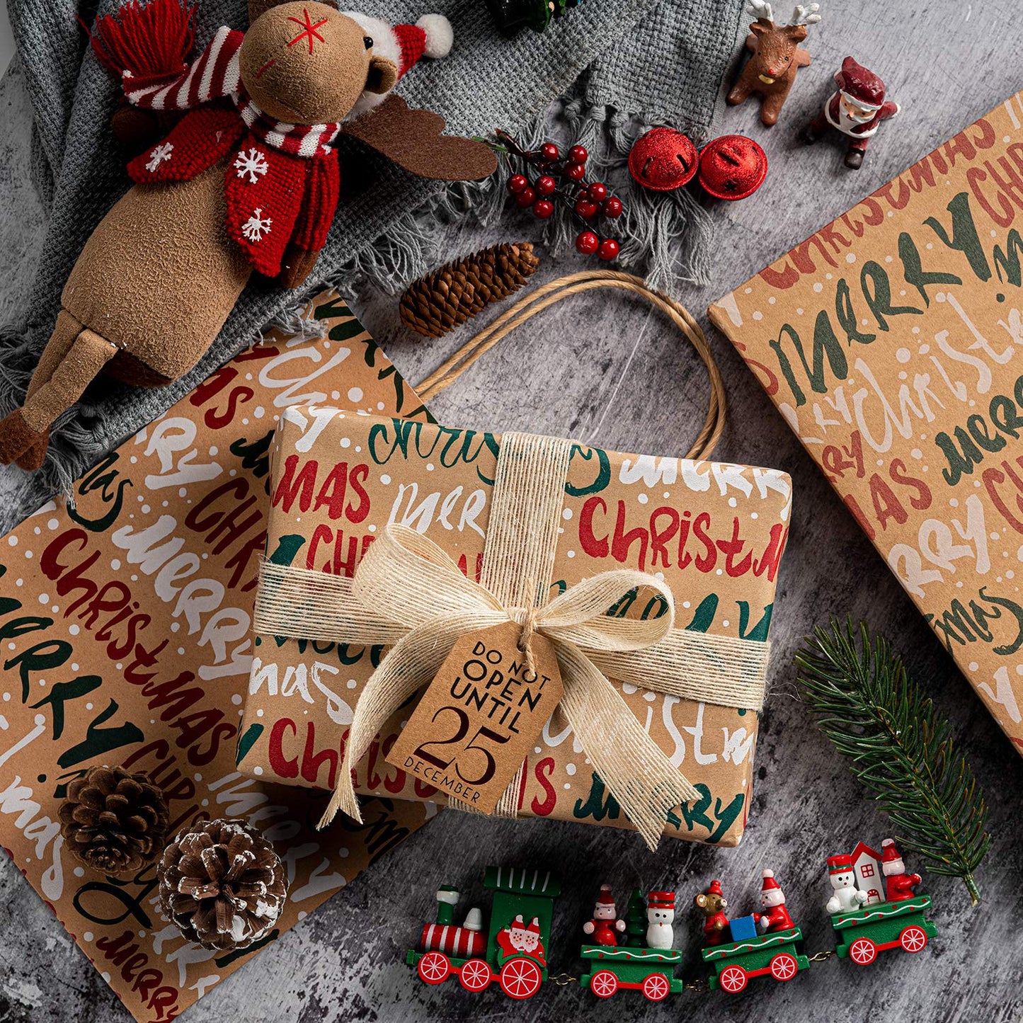 Wrapping Paper, Kraft Paper - Snowflakes, Car and Christmas Tree, Stripes and Merry Christmas - 4 Rolls - 30 inches x 10 feet per Roll