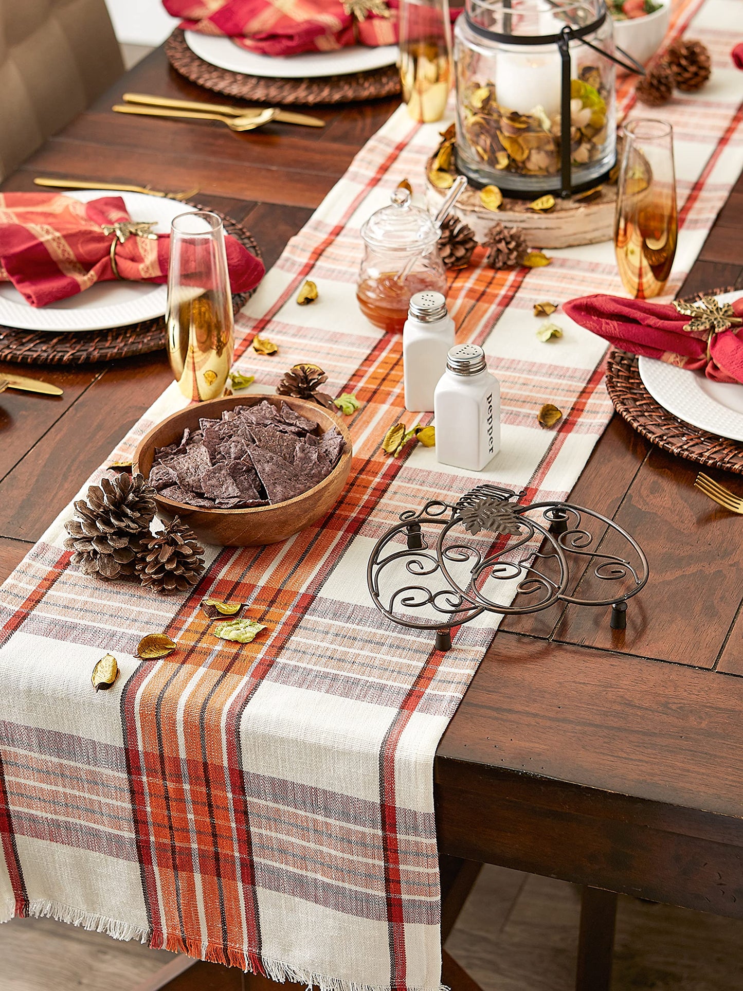 Thanksgiving & Fall Table Decoration Autumn Farmhouse Plaid, Table Runner, 14x108, Pumpkin Spice Orange