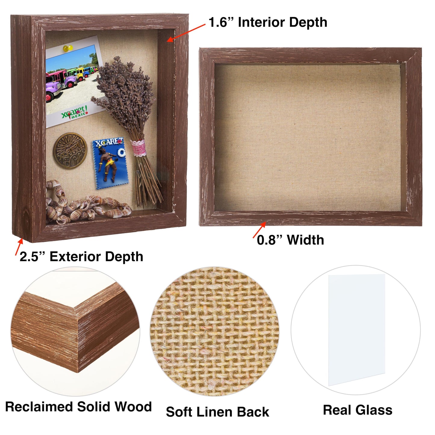 Shadow Box Picture Frame 8x8 Natural Wood Display Case with Linen Back for Memorabilia, Pins, Awards, Medals, Tickets and Photos - Weathered Brown