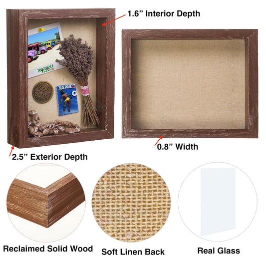 Shadow Box Picture Frame 8x8 Natural Wood Display Case with Linen Back for Memorabilia, Pins, Awards, Medals, Tickets and Photos - Weathered Brown