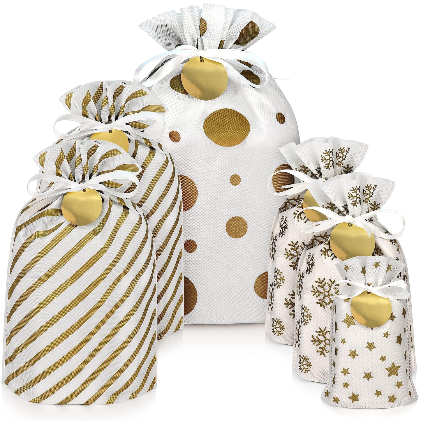 Fabric Gift Bags for Presents - 6 Pcs Reusable Bags with Drawstring, Large Gift Bags for Christmas, Assorted Sizes (Gold)