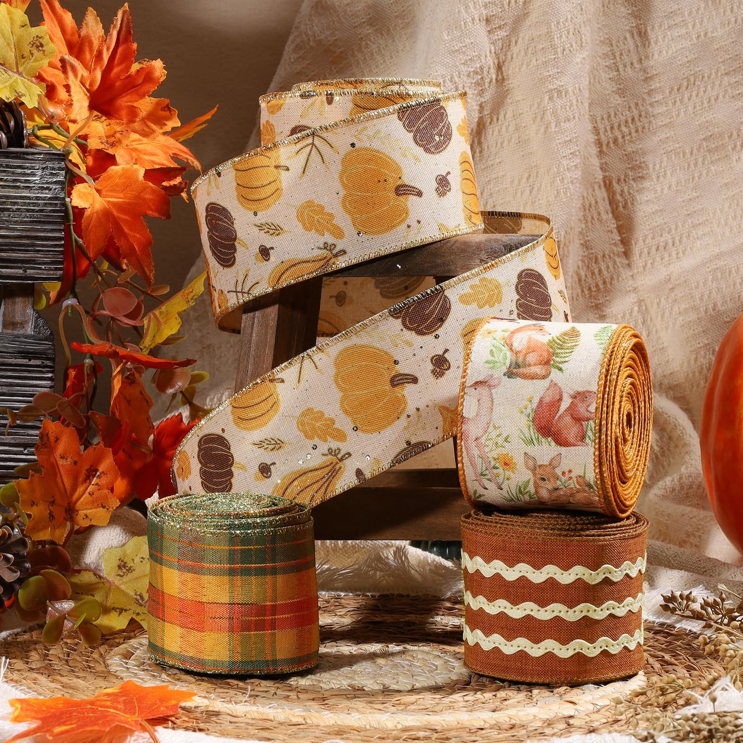 LaRibbons Fall Burlap Plaid Ribbon Wired 2 1/2" x 6 Yards 4 Rolls, Animal Park Ribbon for Autumn Wreath Thanksgiving Christmas Farm Gift Wrapping Home Decor