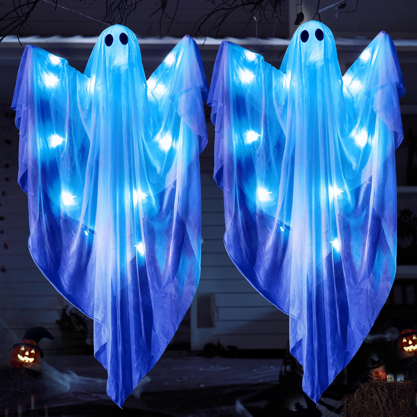 JOYIN 2 Pcs 47” Halloween Hanging Light up Ghost with Blue LED Light, Halloween Hanging Ghosts Decoration for Front Yard Patio Lawn Garden Party Decor Indoor Outdoor
