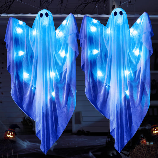 JOYIN 2 Pcs 47” Halloween Hanging Light up Ghost with Blue LED Light, Halloween Hanging Ghosts Decoration for Front Yard Patio Lawn Garden Party Decor Indoor Outdoor