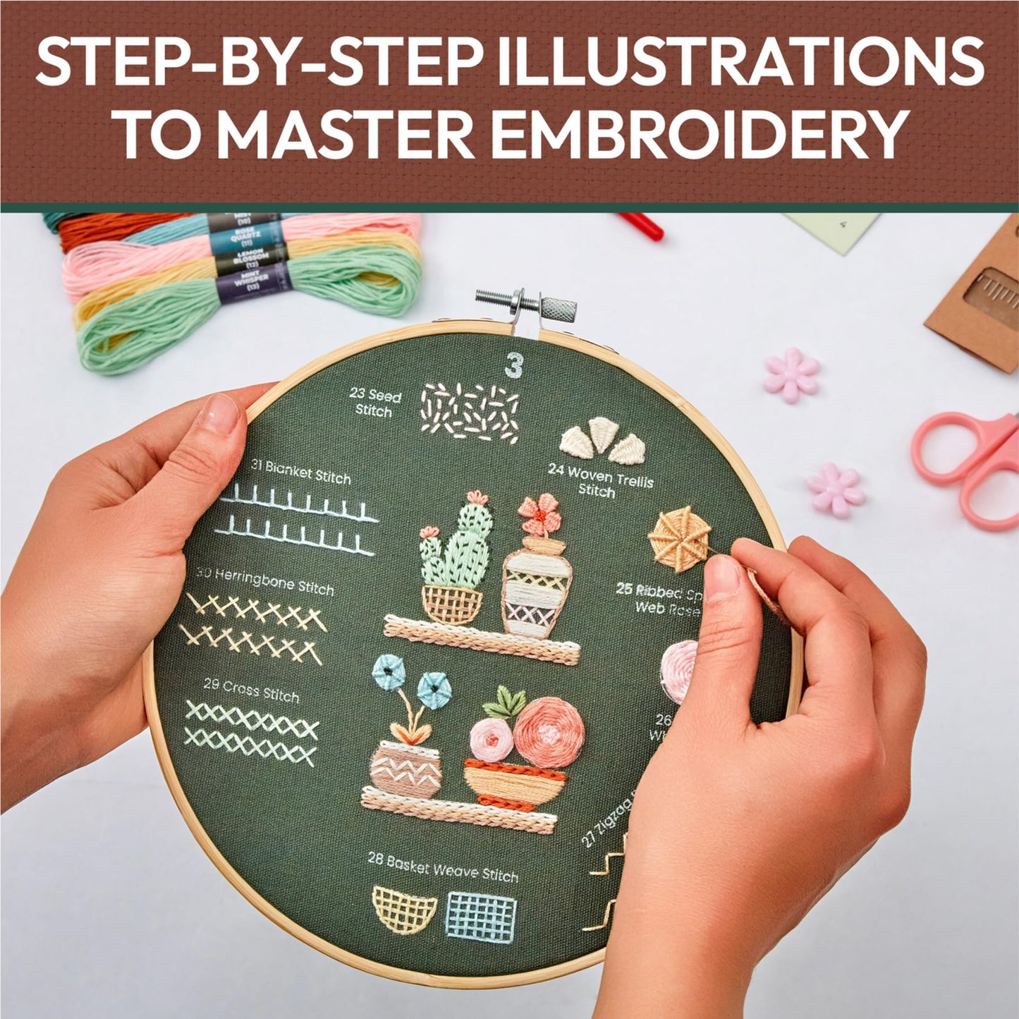 4-Piece Starter Embroidery Kit for Beginners with Simple Patterns, Learn to Embroider 31 Stitches with Hand Embroidery Kit
